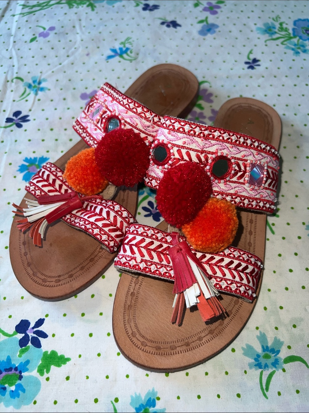 Anthropologie Embellished Tassel Pom Woven Sandals - 37 - 6
